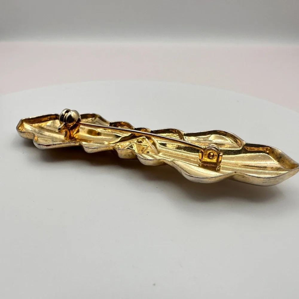 Vintage Rhinestone Bar Brooch Gold Tone Clear Crystal Statement Elegant Pin 90s